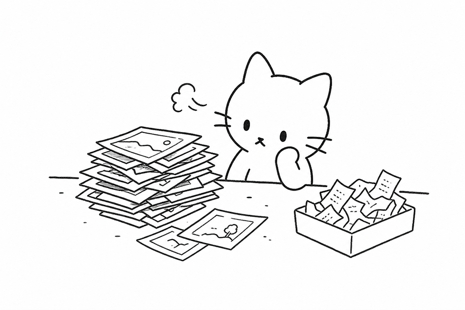 写真とレシートの山を前に、ため息をつくごろ