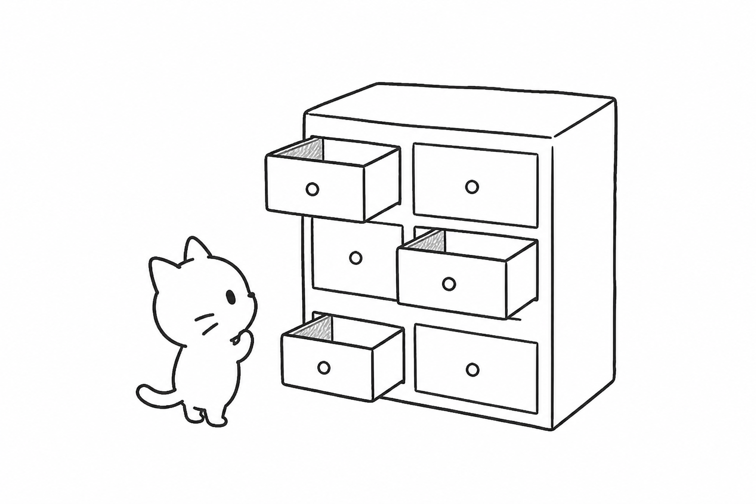 引き出しの付いたタンスの前に立つごろ