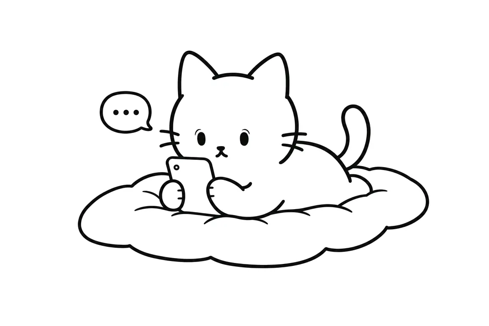ごろ図: ごろが布団の上で「こんにちは」とスマホに打ち込んでいる。画面から返事がヒュッと飛び出す。ごろの目が、眠そうなまま少しだけ丸くなっている