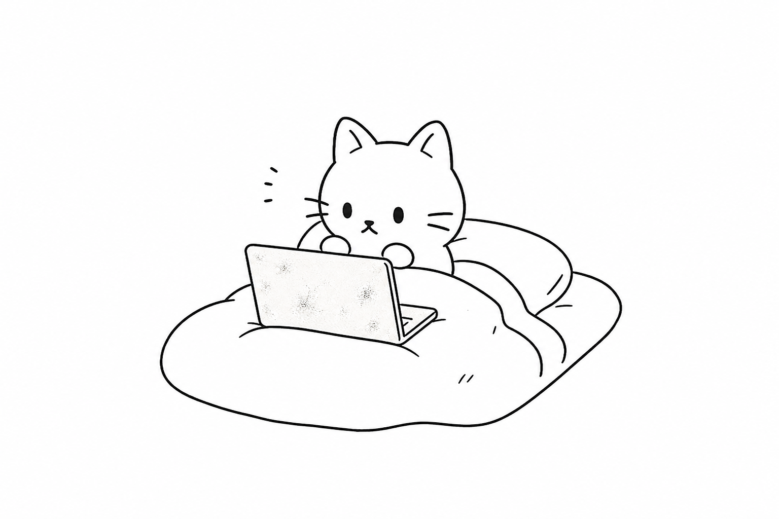 布団の上でノートPCを膝にのせるごろ