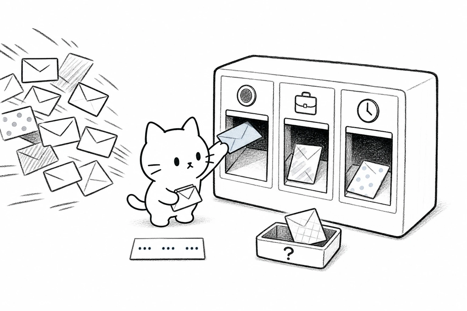 なだれ込む封筒を三つの投函口へ分け、読めない一通だけ疑問箱へ置く