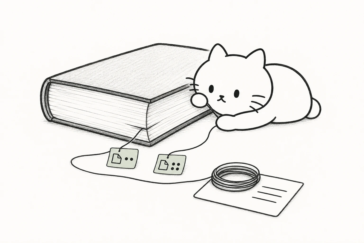 分厚い資料から細い糸を引き出し、二つの参照を経て一枚の短いメモへ巻き取る