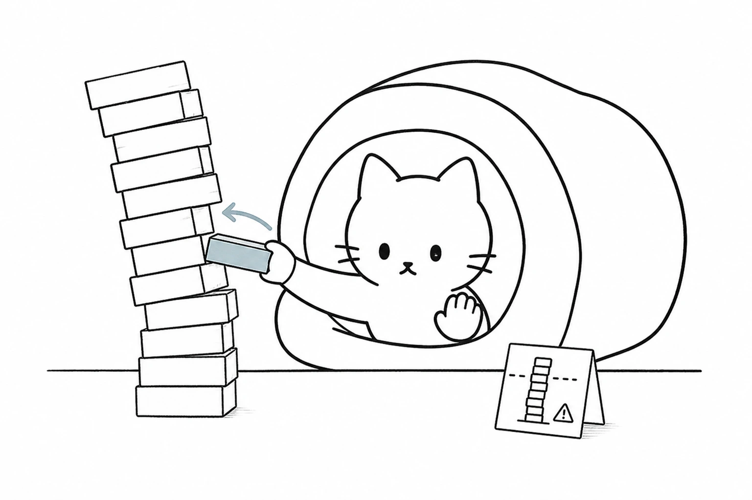 崩れかけた塔でごろが止まり、一つのブロックを戻し、安全高さの置き手紙を残す