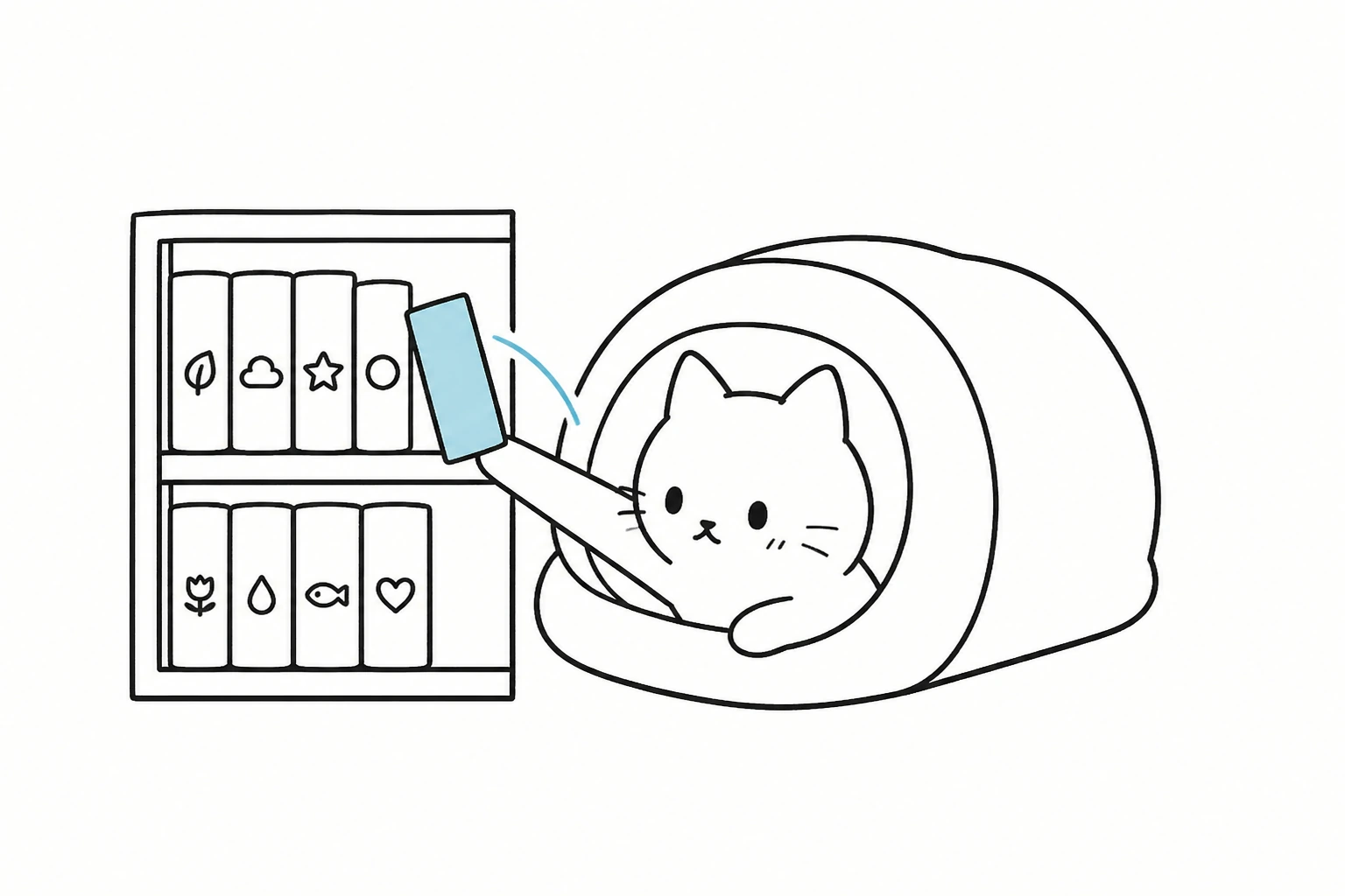 少し照れた司書ごろが、図で整理された棚から目当ての一冊を一度で抜く