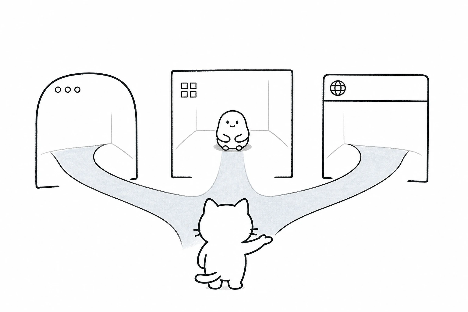三つの異なる入口から薄い道が一つの部屋へ合流し、同じ相棒に着く