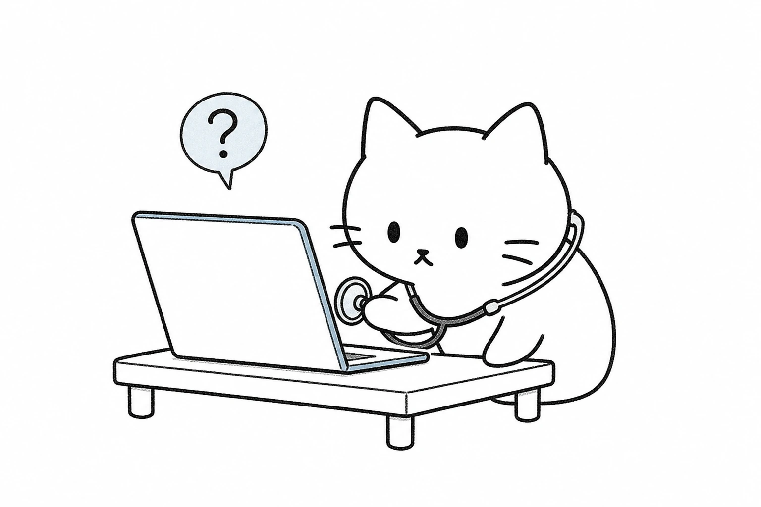 白衣のないごろが聴診器を端末へ当て、疑問符を一緒にのぞき込む