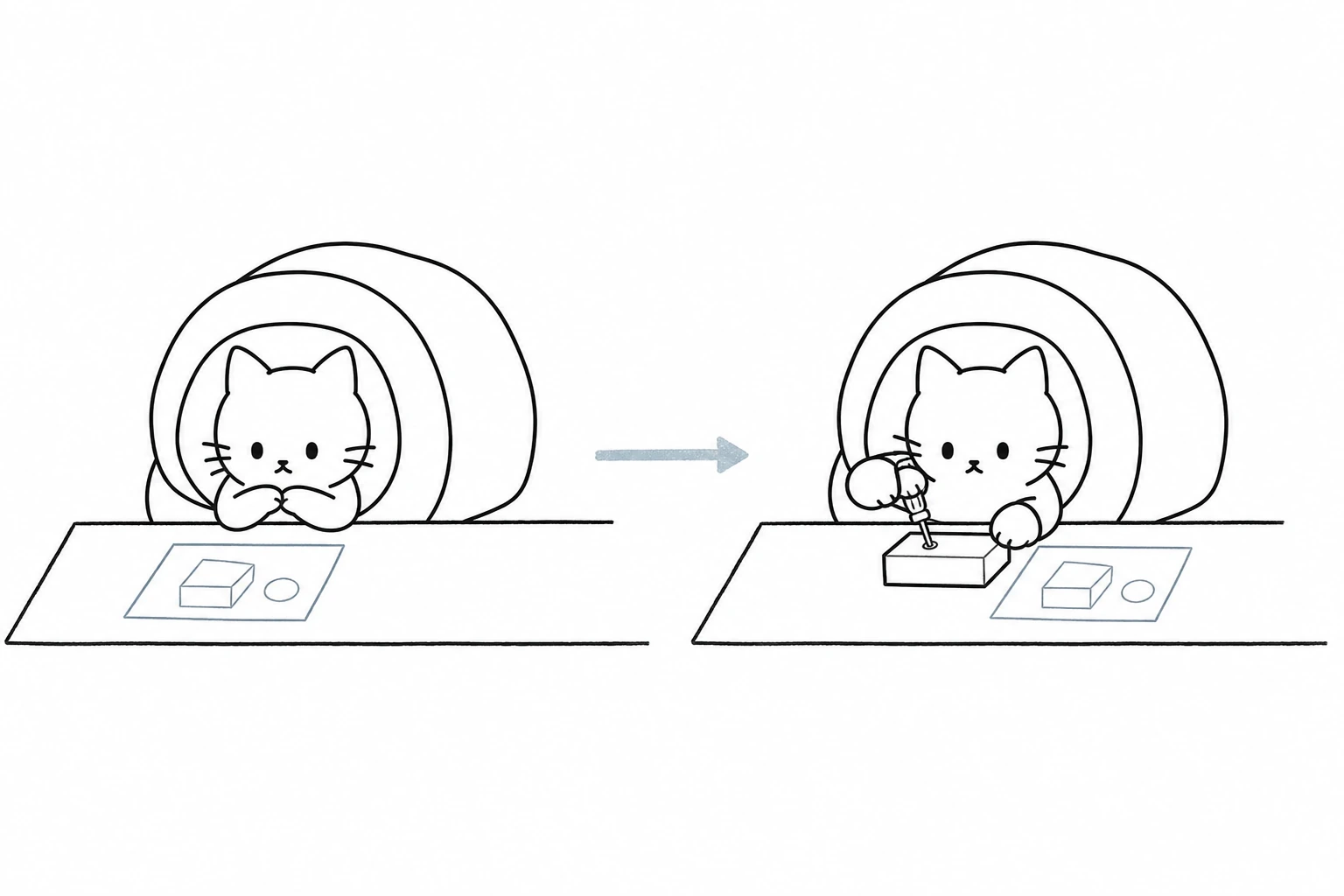 左のごろが図面を考え、一本の矢印の先で右のごろが同じ図面からネジを締める