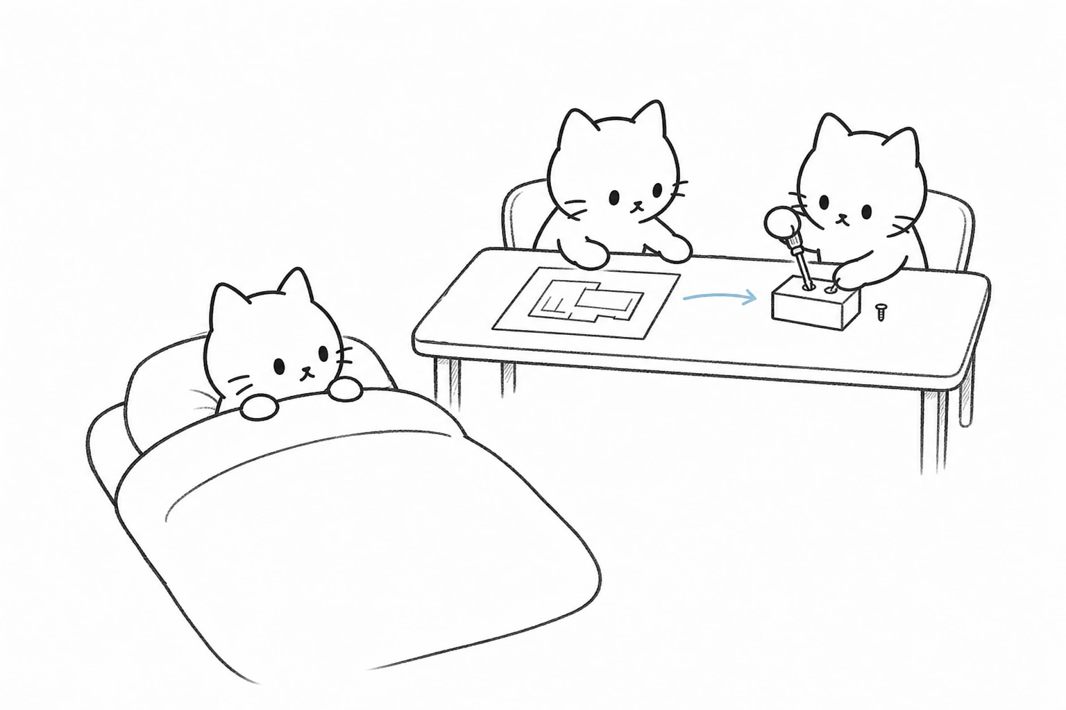布団のごろが、図面を見る相棒と手を動かす相棒で静かに回る机を眺める