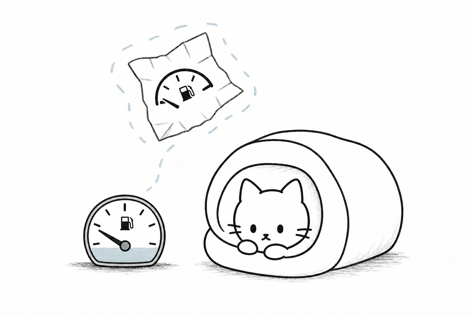 小さな燃料計の横で丸くなるごろと、恐ろしげだった通知が単なるメーター消費としてほどけていく様子