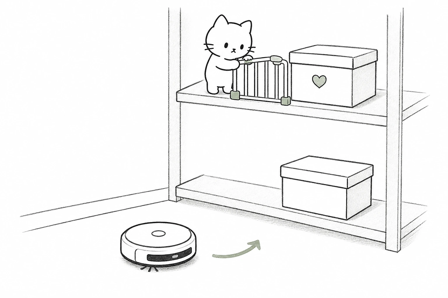 大事な箱を上段に置いて小さな柵を設け、掃除ロボットを下段の普通の箱へ向けるごろ