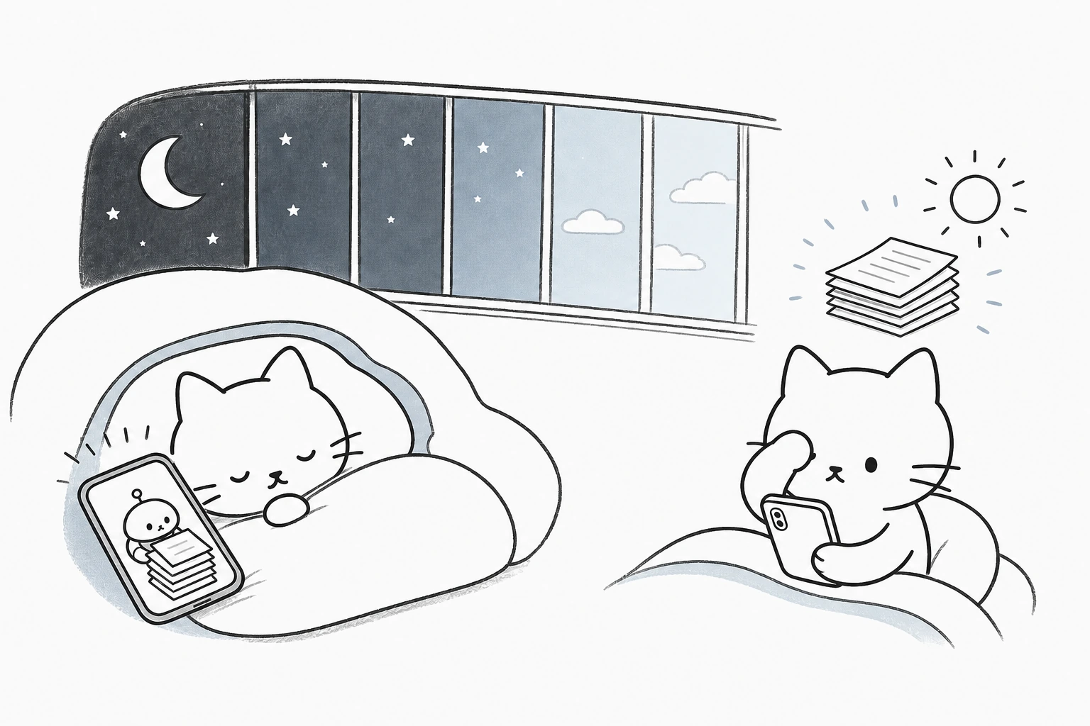 夜、ふとんで眠るごろのスマホ内で相棒が書類をため、朝には目をこすったごろの前に完成した紙束が現れる