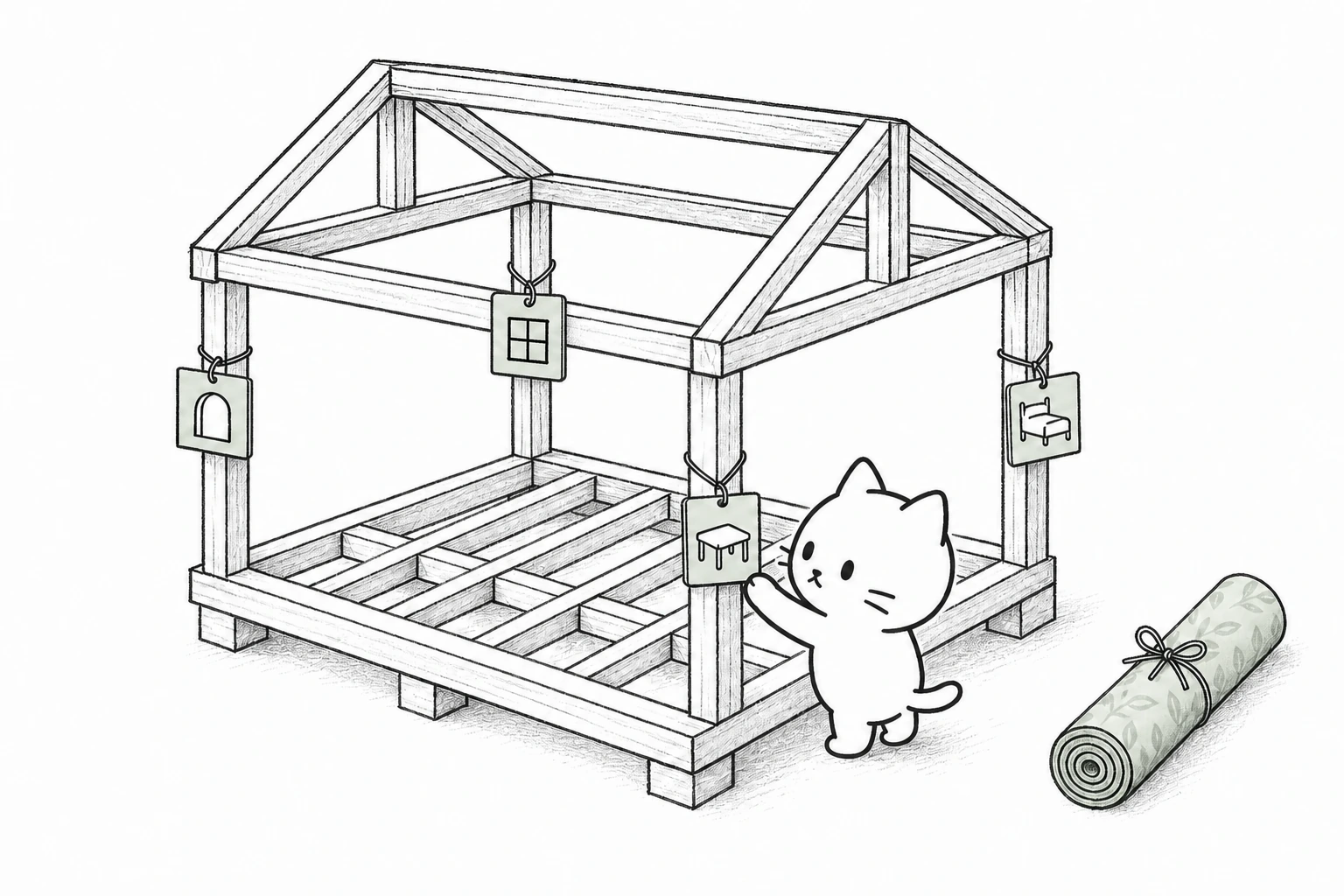 壁も色もない家の骨組みで、四本の柱に部屋の見出し札を掛け、壁紙は巻いたまま待たせるごろ