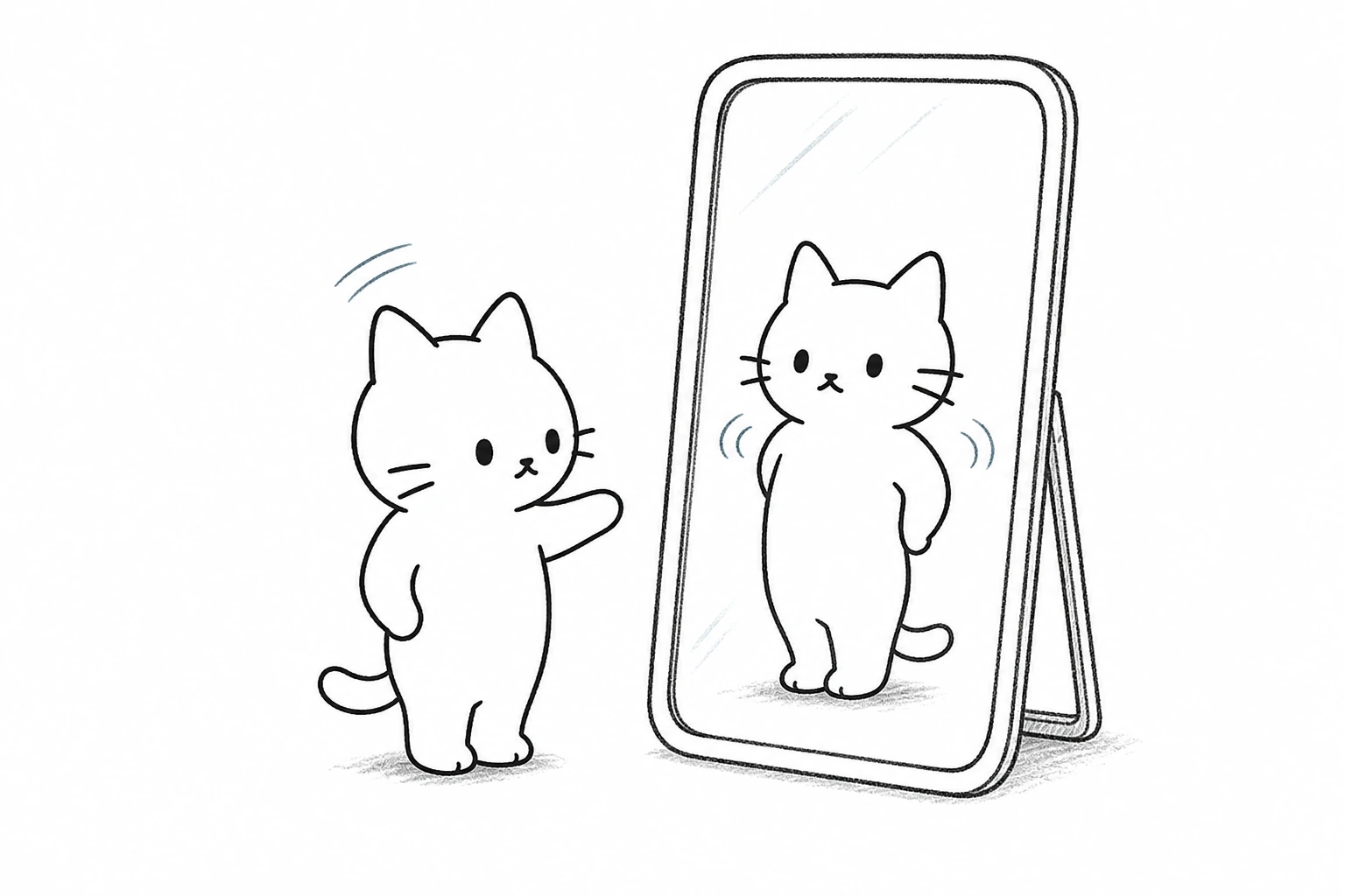 鏡の前の脱力したごろが、よそゆきに姿勢を決めた鏡像へ力を抜くよう促し、肩が下がるのを見てうなずく