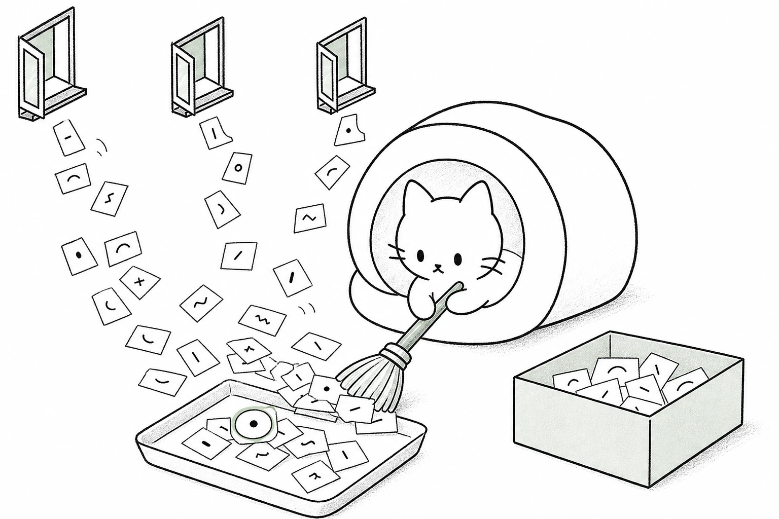 複数の窓から届く反応の紙片をほうきで受け皿へ集め、一つだけ丸をつけ、残りを箱へ移すごろ