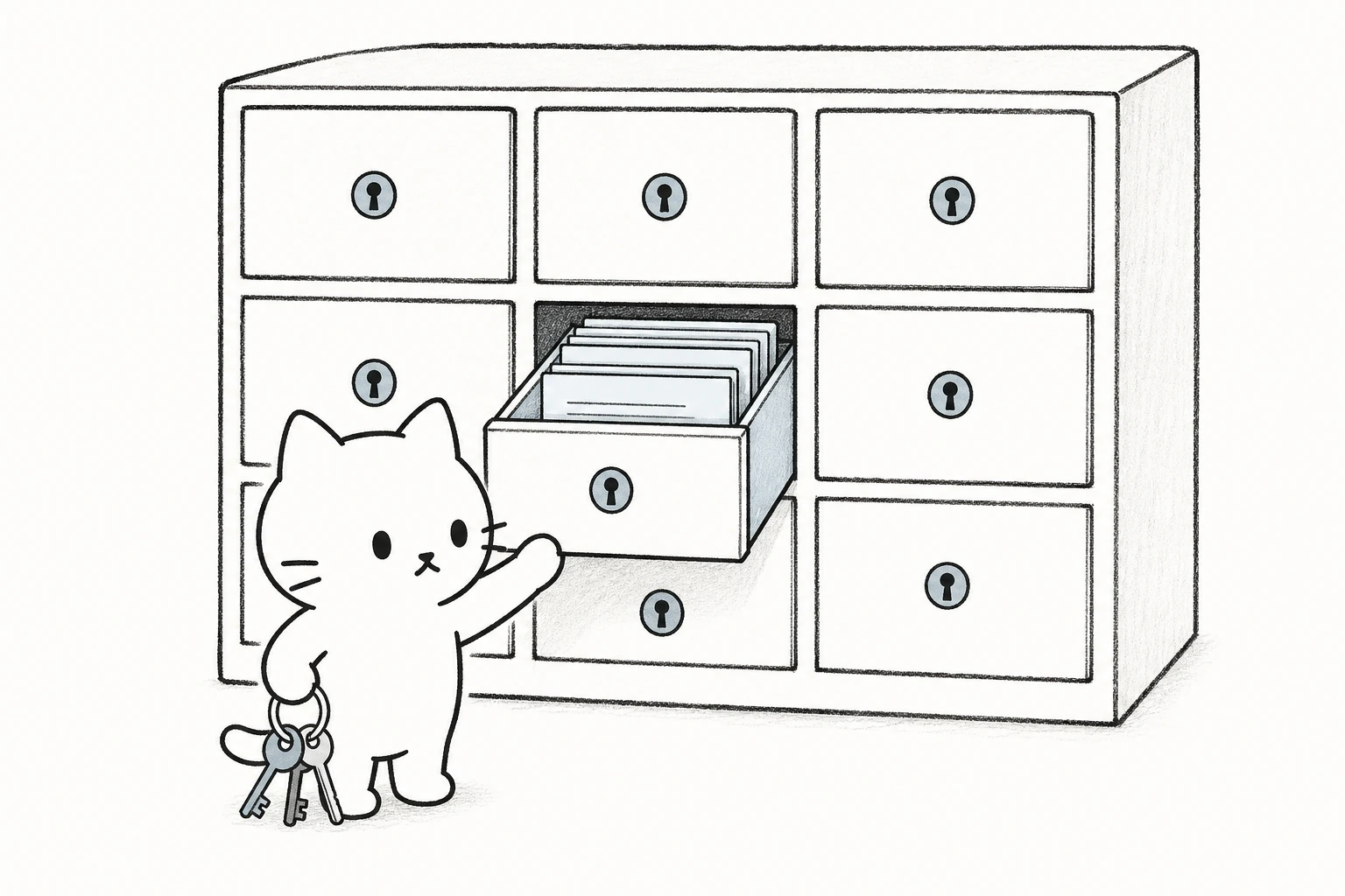 九つの鍵つき引き出しの前で、鍵束を離さずに一段だけ静かに開けるごろ