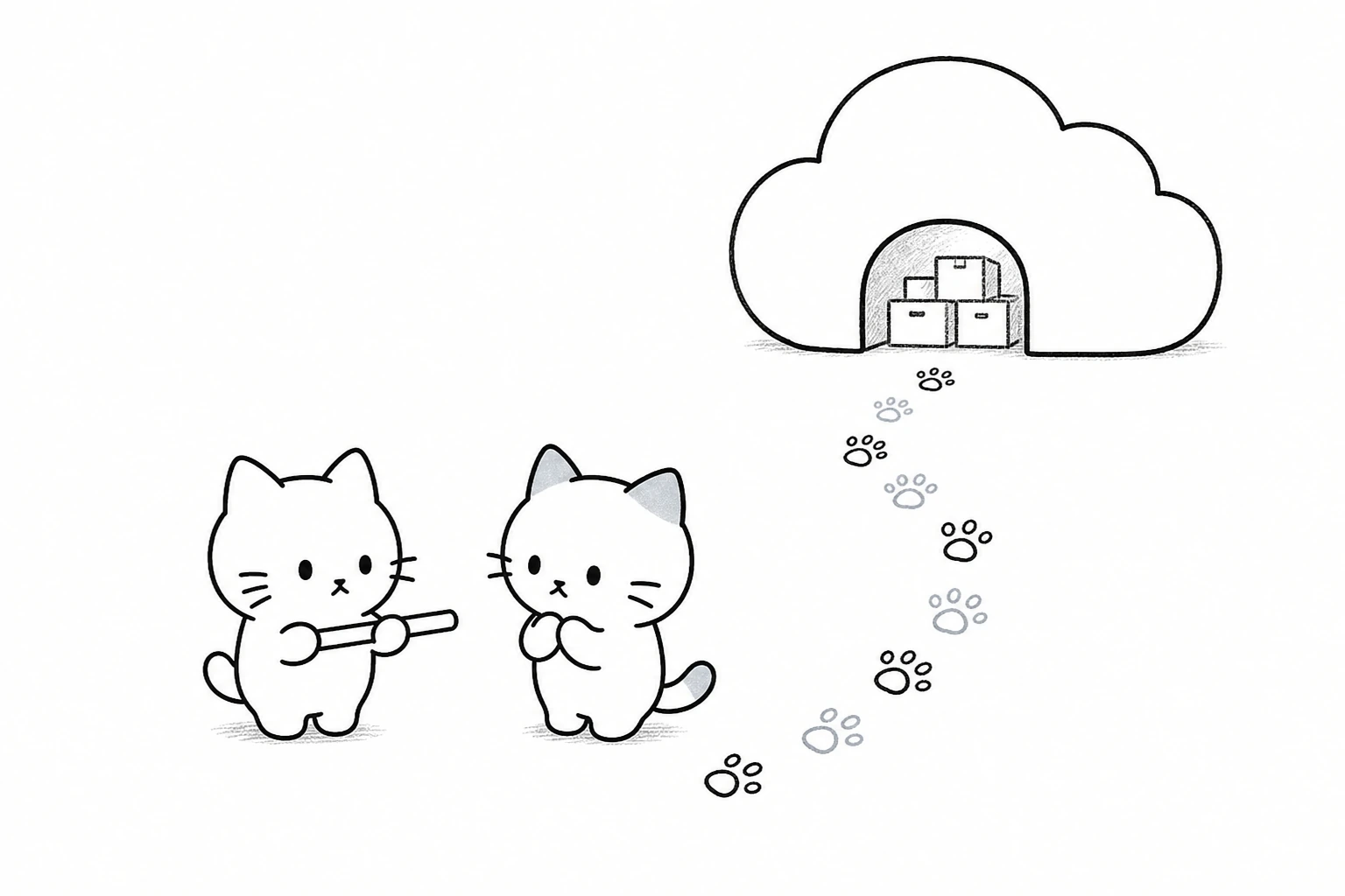 雲の倉庫の下で、ごろが一本のバトンを持ち、招かれたタマは手を出さず順番を待つ。足跡は交互