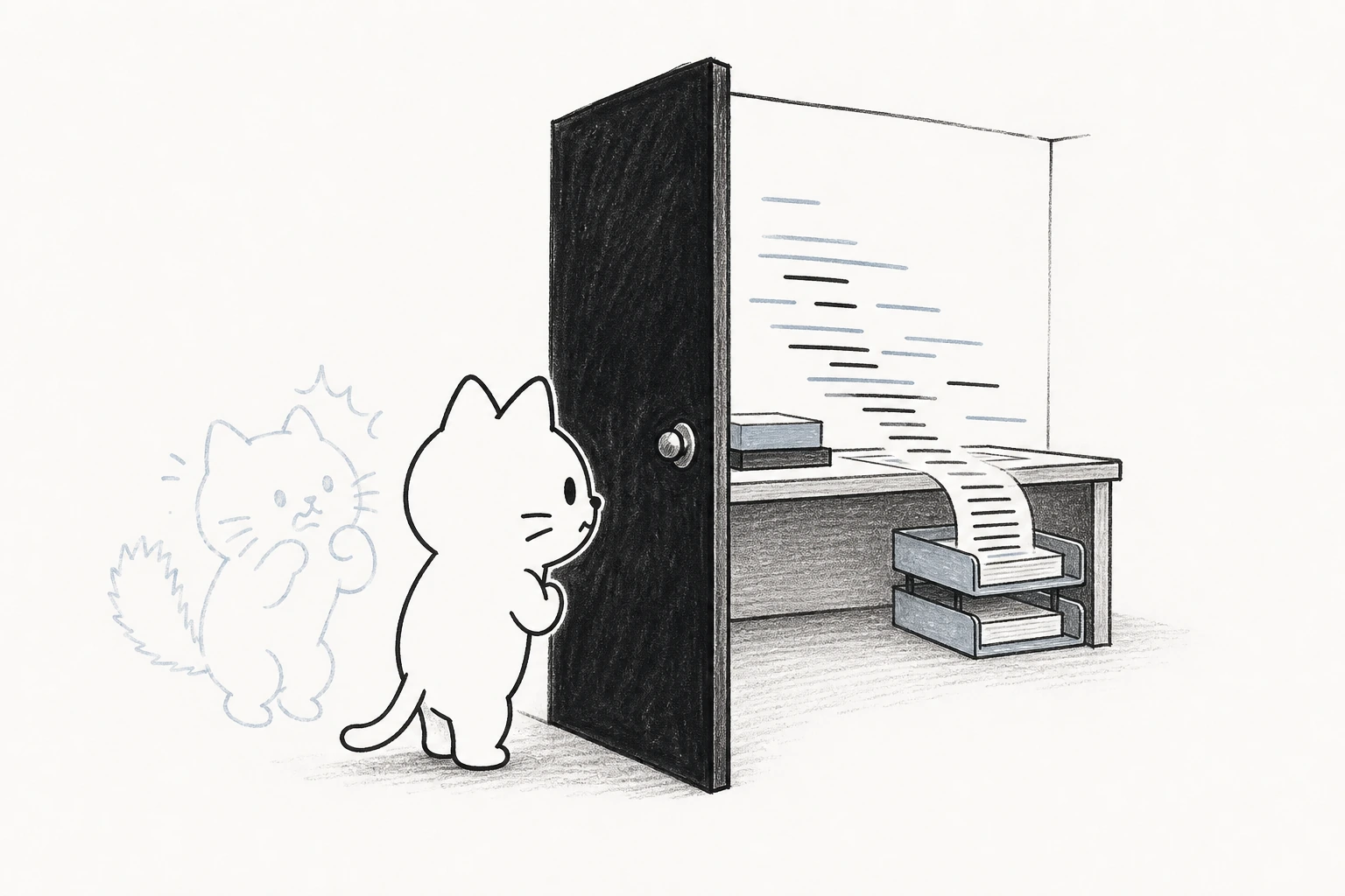 細く開いた黒い扉の向こうでは文字の線が流れるだけ。身構えたごろの尾が、作業場だと知って元に戻る