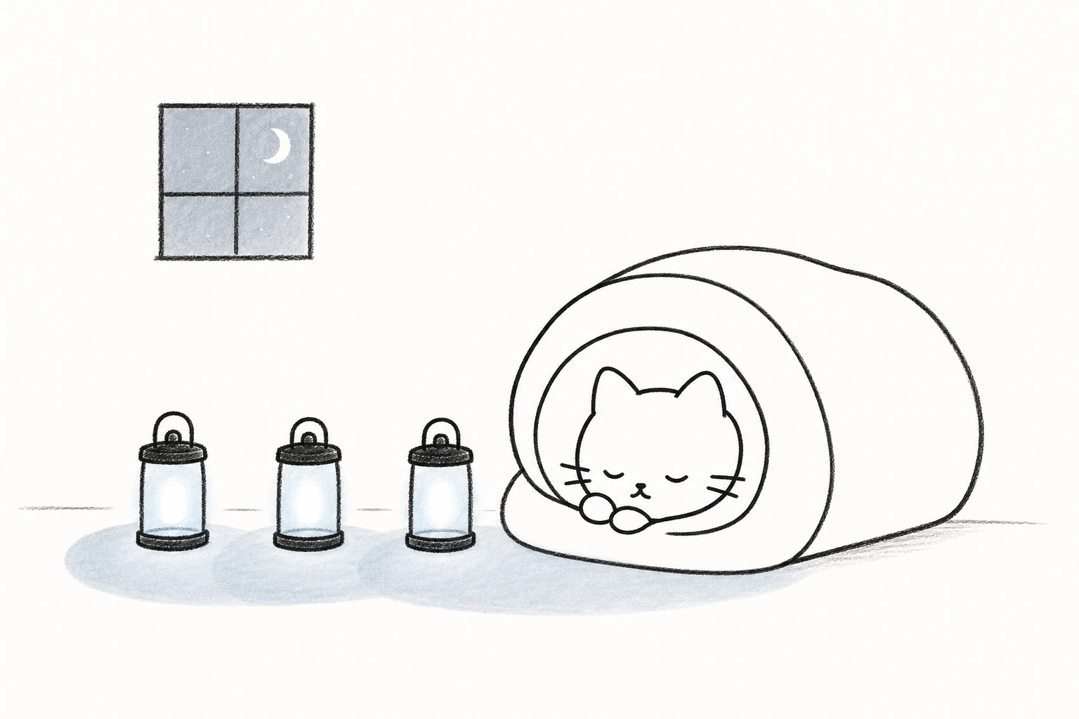 ふとんのそばに三つの保存ランタンが並び、その冷たい光を枕のようにして安心して眠るごろ