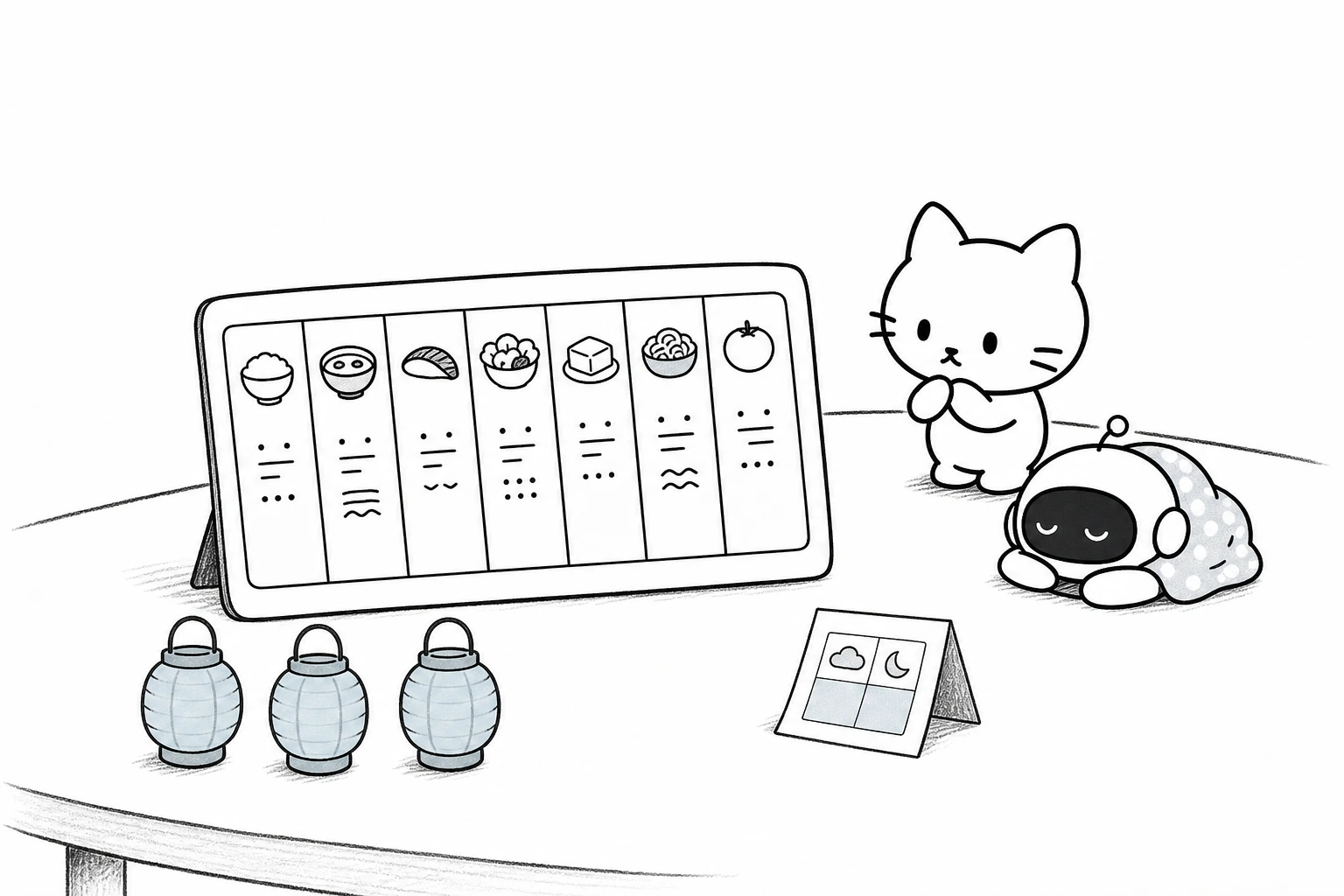 七日分の献立ボードが彫り上がり、三つの保存ランタンと次の週末色の折り紙を残して、ごろと相棒が眺める