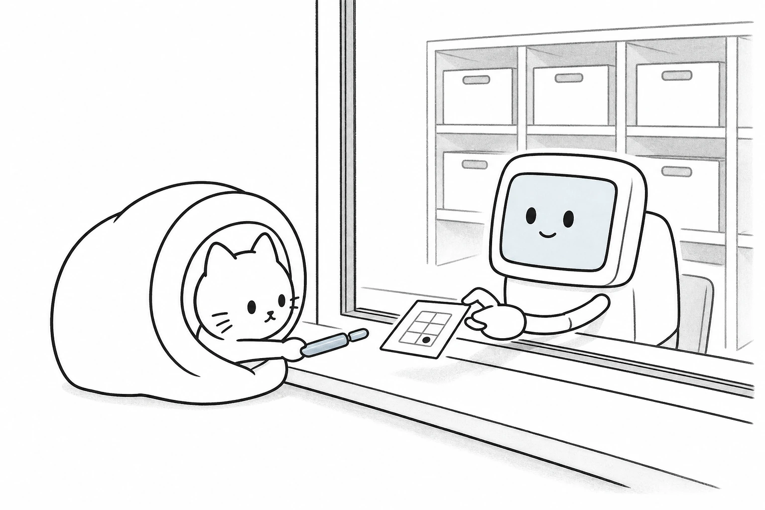 いちばん小さな箱の道具を貸し倉庫の窓口へ差し出し、棚の位置を示す番地札を受け取るごろ