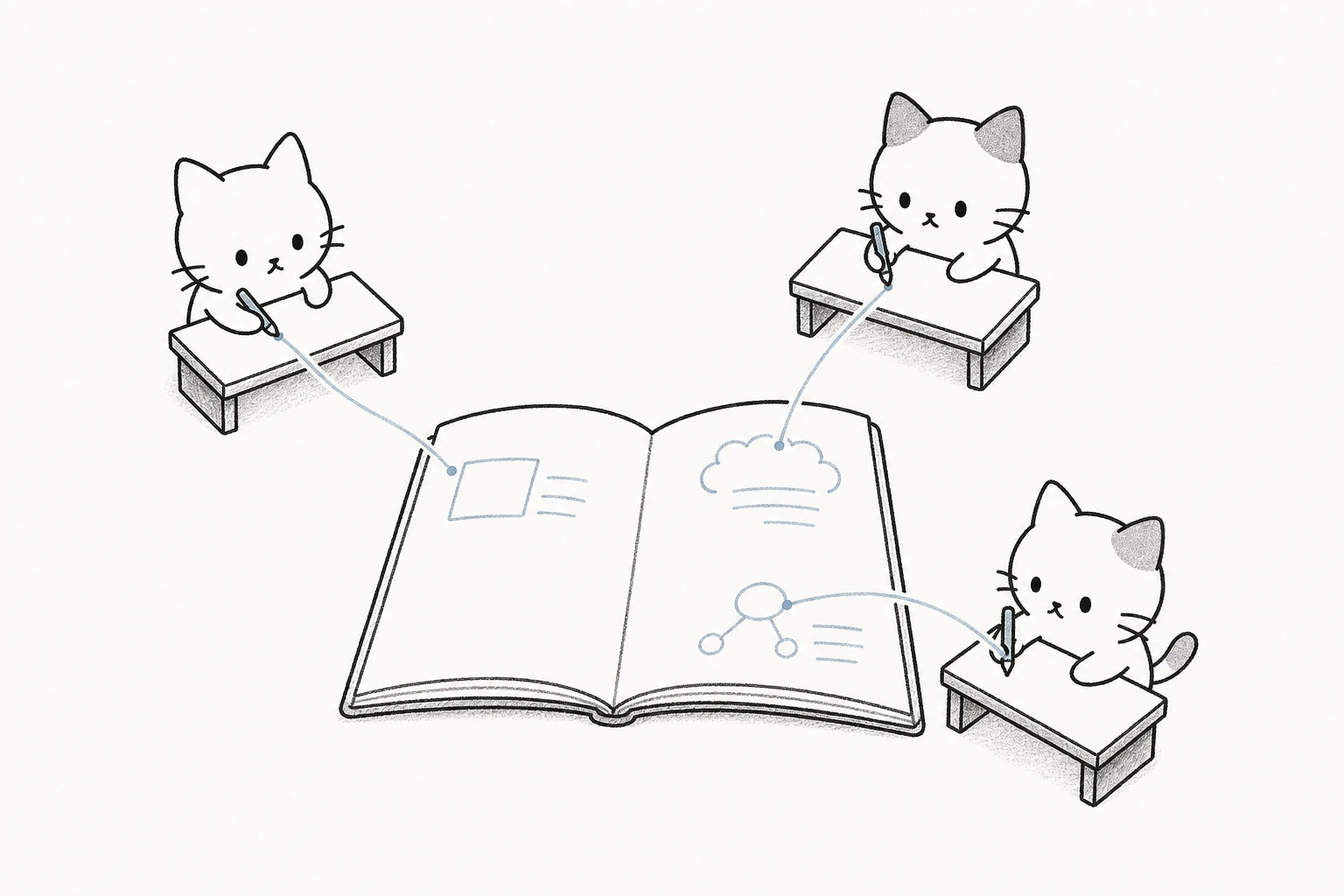 ごろと二匹の友だちが三つの机から一本ずつ線を伸ばし、中央の大きな一冊の同じページへ同時に書く