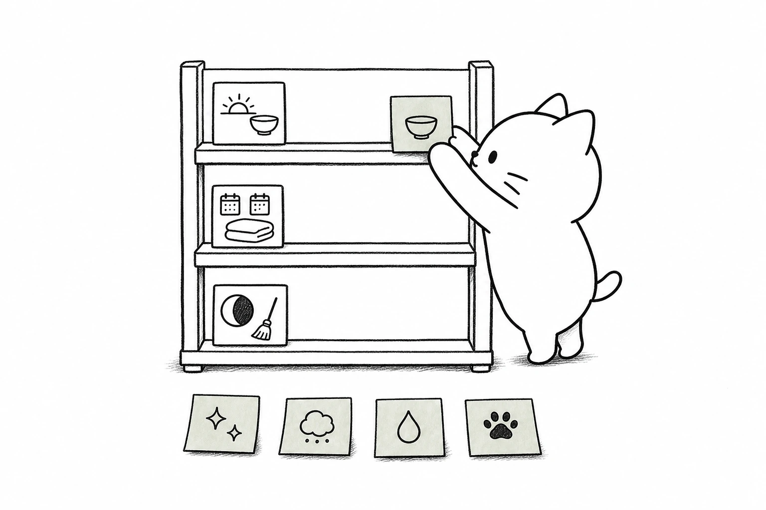 三段棚の朝仕込み段へ付箋を一枚だけ置き、週末段と月一段は空にし、床の四枚を順番待ちさせるごろ