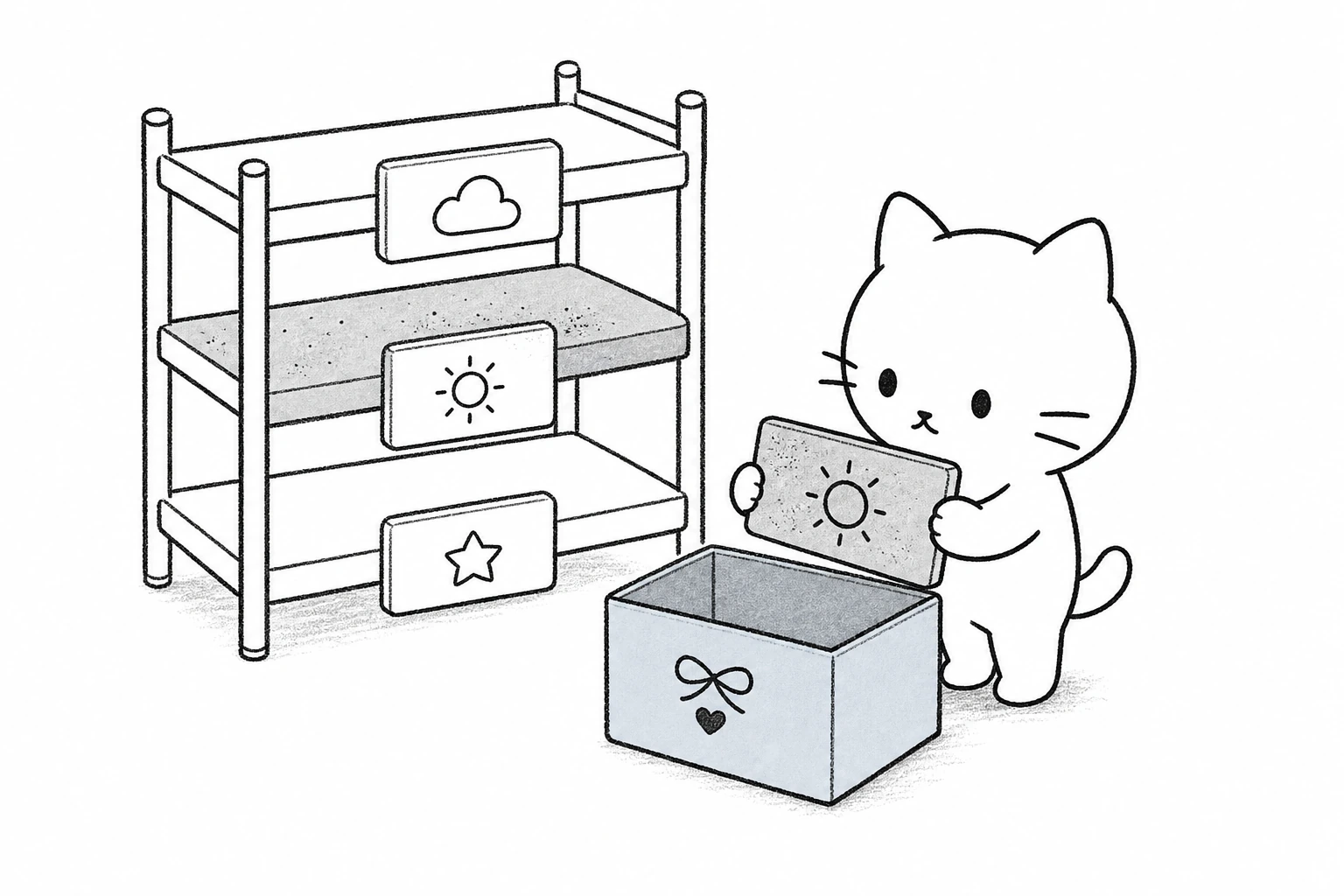 最近使われず埃をかぶった棚札を外し、ねぎらいのリボンとハート印の箱へそっと入れるごろ