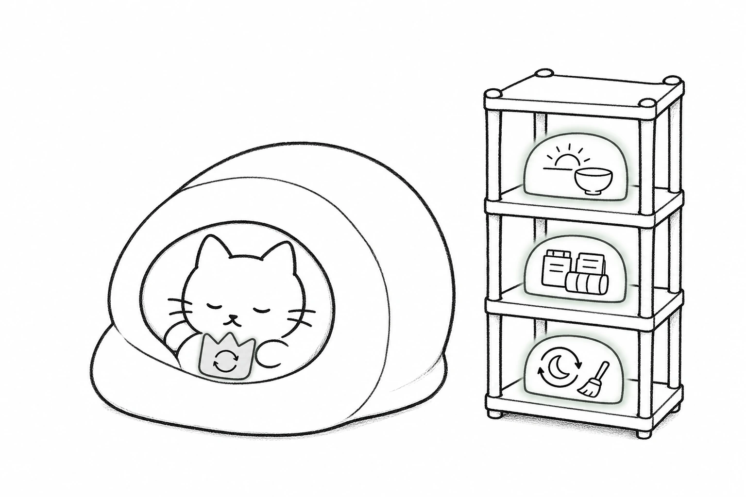 ふとんで丸く眠るごろの胸に自動化の王冠札が載り、隣の三段棚は朝・週末・月一の各段が自ら光る