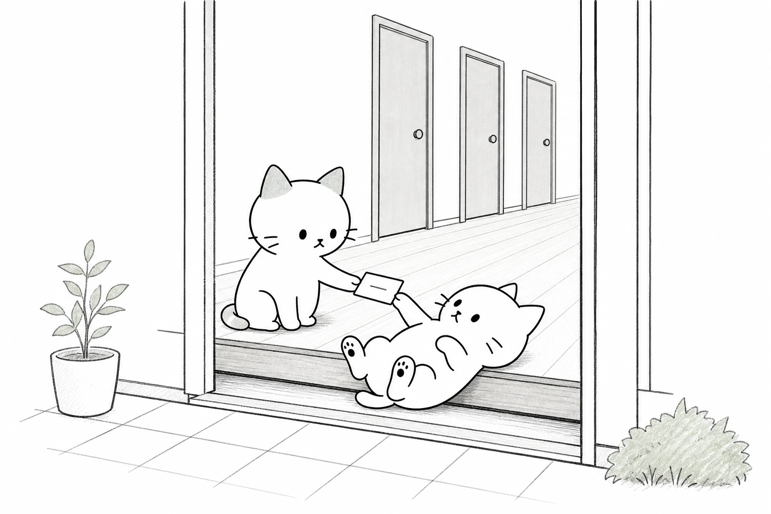 開いた玄関で穏やかな兄弟へ一行だけのメモを渡し、そのまま框で腹を見せて寝転ぶごろ。奥の三扉は閉じたまま