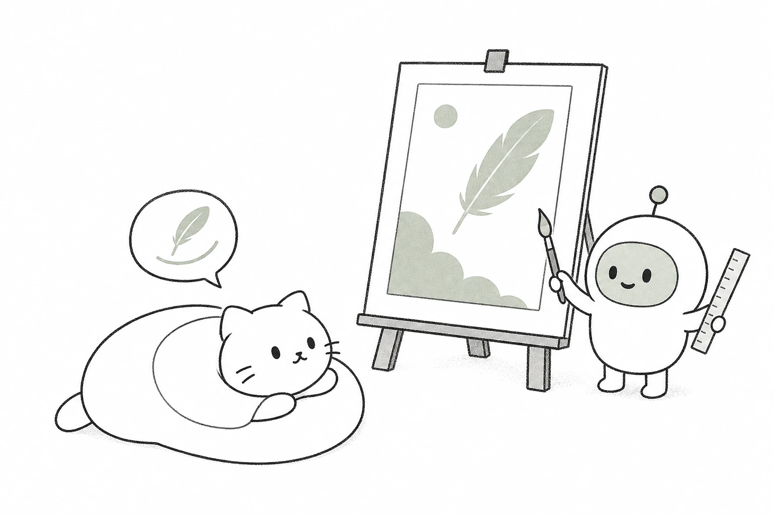 画板の相棒が絵筆とものさしを持ち、床のごろが羽根と曲線でやさしさを伝え、一枚の柔らかな絵を仕上げる
