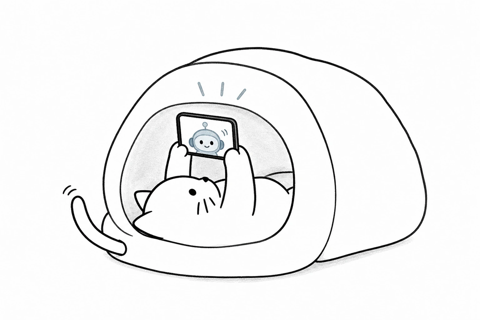 ふとんで仰向けのごろが顔の上のスマホへ話しかけ、画面内の小さな相棒がうなずき、しっぽが軽く上を向く