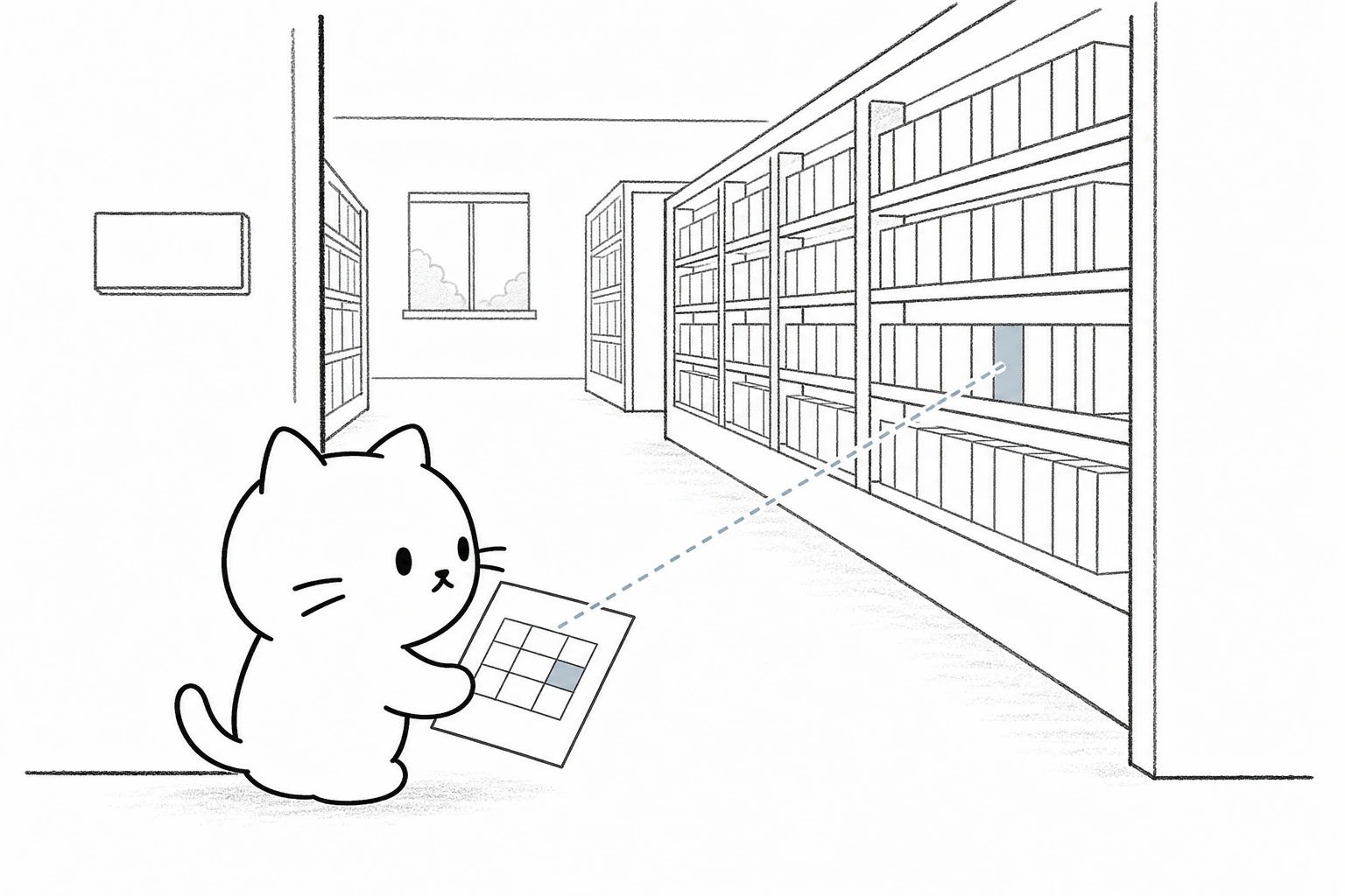 棚が並ぶ資料室の入口で、ごろが一枚の目録を持ち、目当ての棚だけを見る