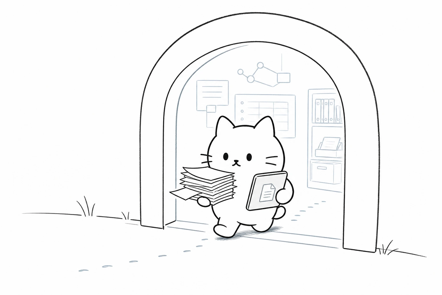 大きな玄関口に、ごろが紙束とデジタル文書を両手で抱えてのっそり入っていく