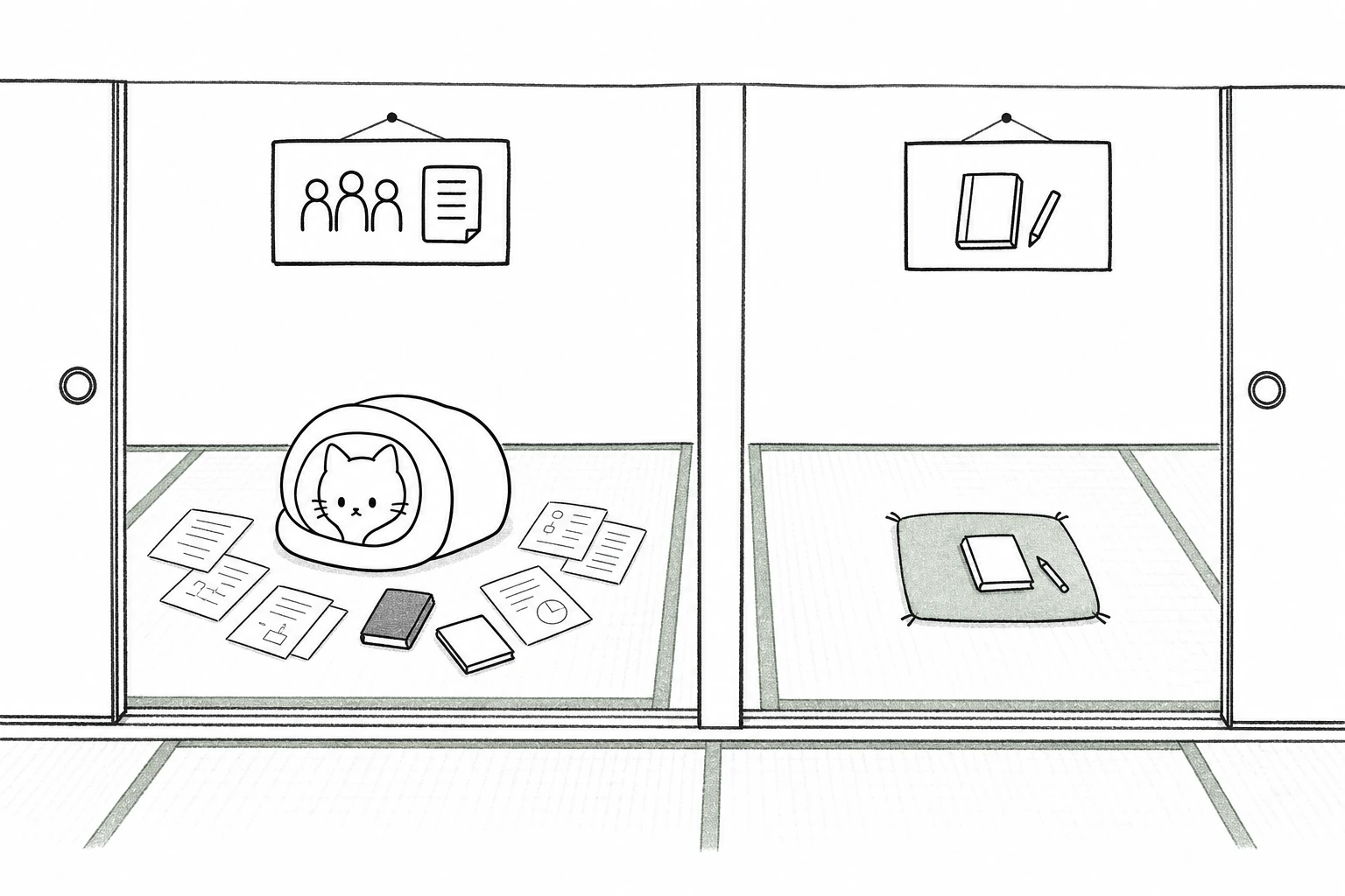 ふすまで分かれた勉強会と日記の二室のうち、ごろが勉強会の資料に囲まれて丸くなる