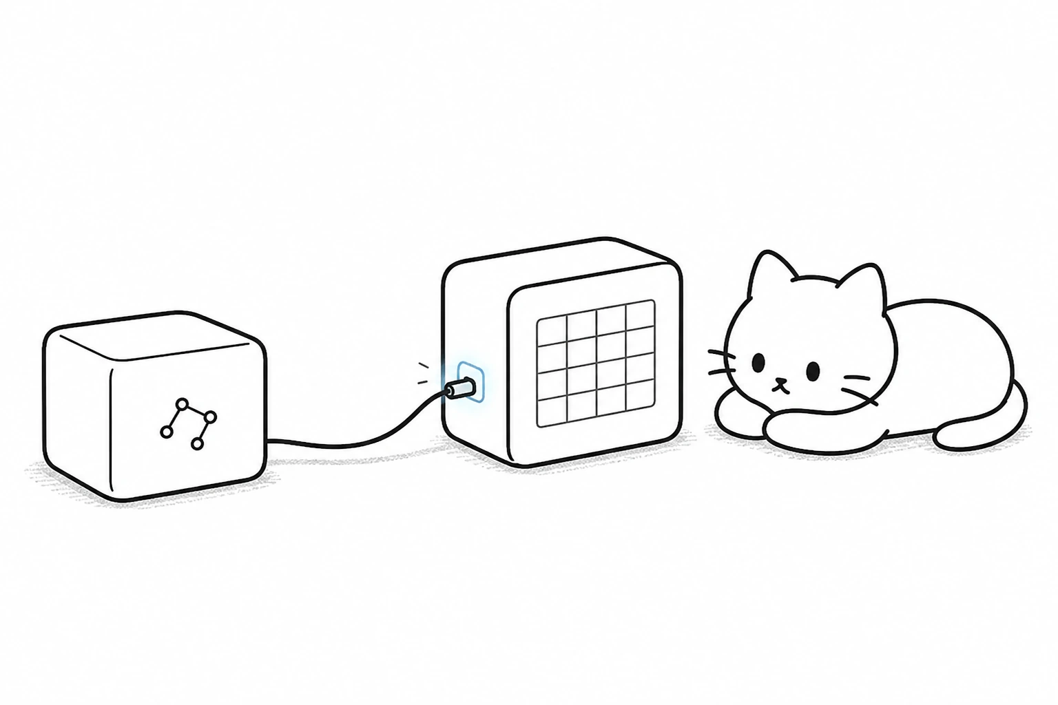 AIの箱から一本のコードが予定表の箱の一つだけの差し込み口につながり、ごろが光を眺める