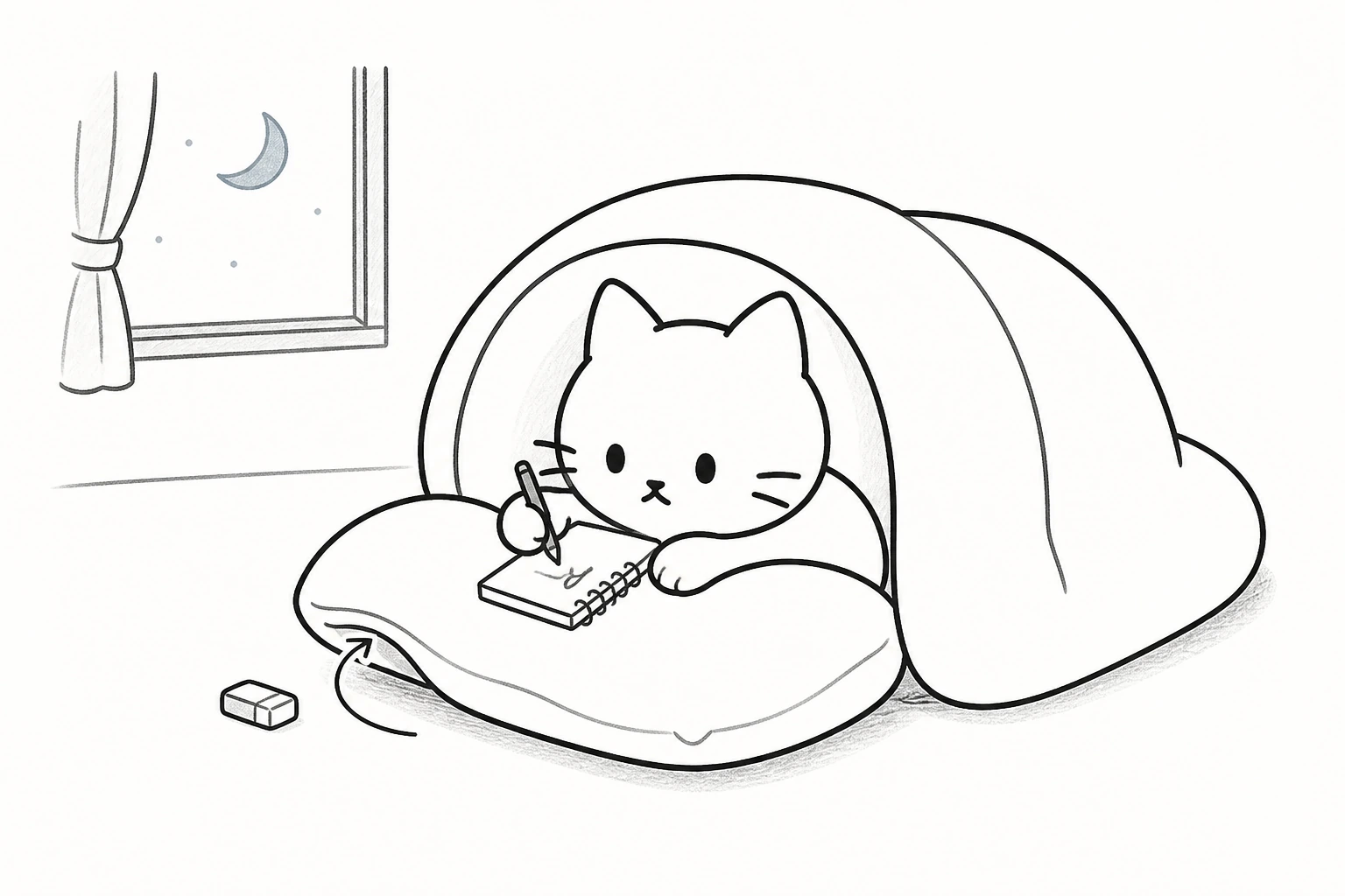布団のごろが枕元の小さな手帳に一言だけ書き、枕の下へしまう。消しゴムが一本添えられる