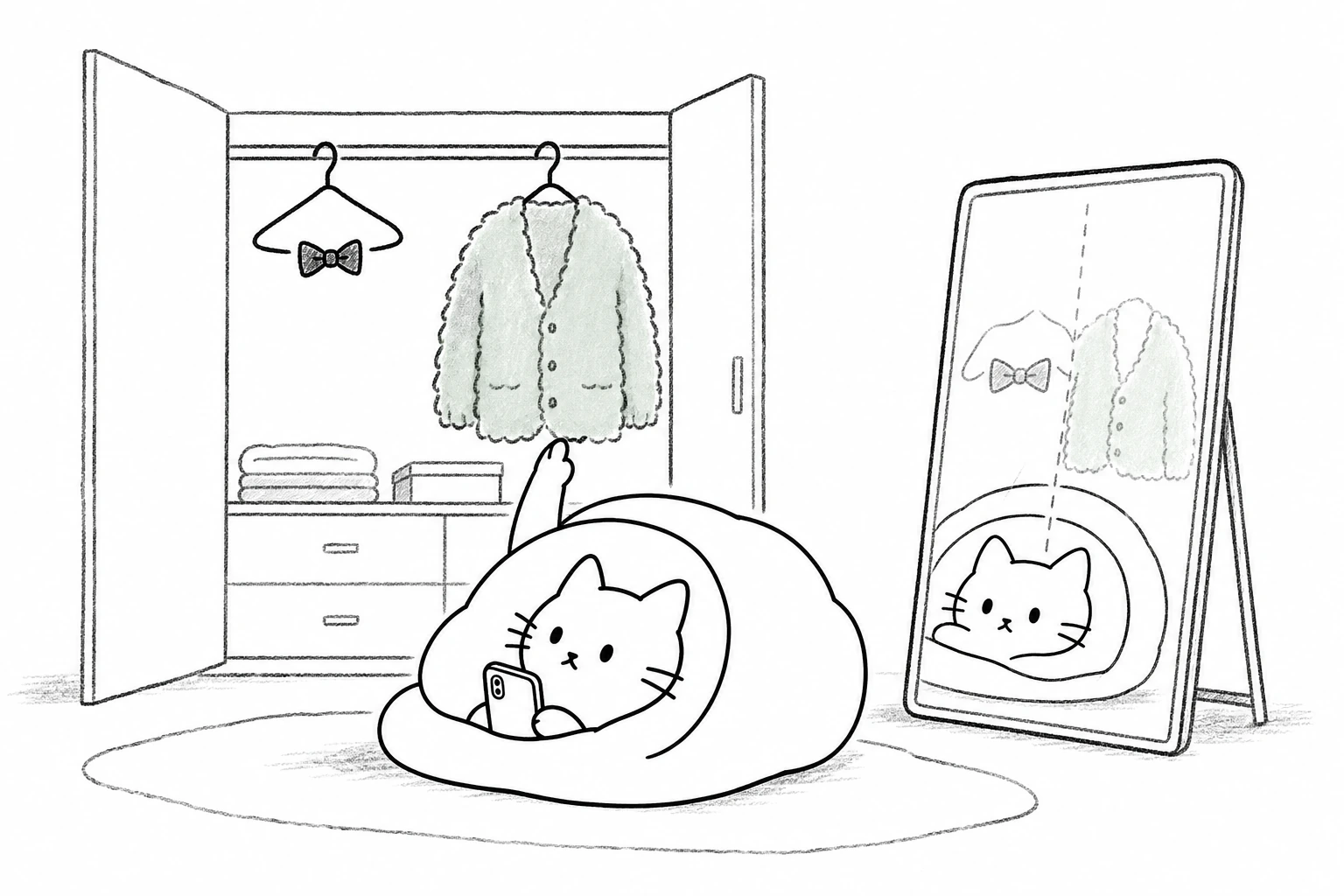 衣装だんすと鏡の前で、寝そべったごろが蝶ネクタイともこもこ部屋着を見比べる。中身は同じごろのまま