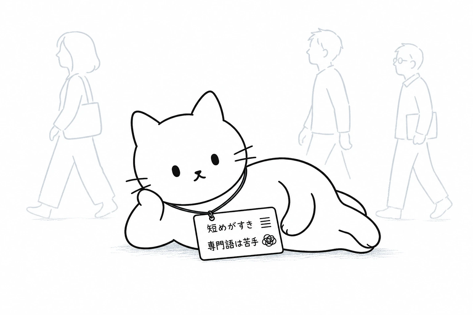 ごろが『短めがすき/専門語は苦手』のカードを首から下げ、会う相手が変わっても同じ好みを示す