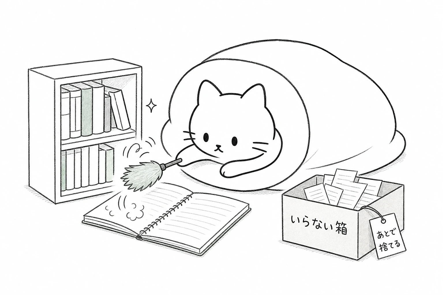 ごろが本棚と手帳をハタキで掃除し、古いメモを『いらない箱/あとで捨てる』へ一時退避する