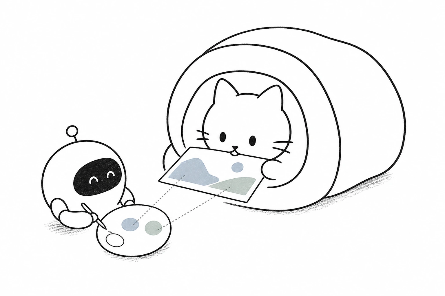ごろが一枚の絵はがきを相棒に見せ、相棒がその寒色二色をパレットへ移す