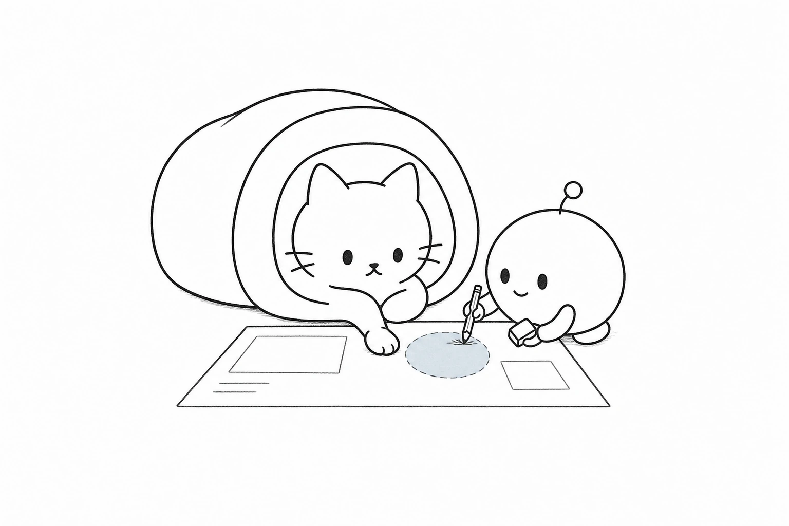 ごろが紙の一点に前足を置き、相棒がその丸の中だけを直す