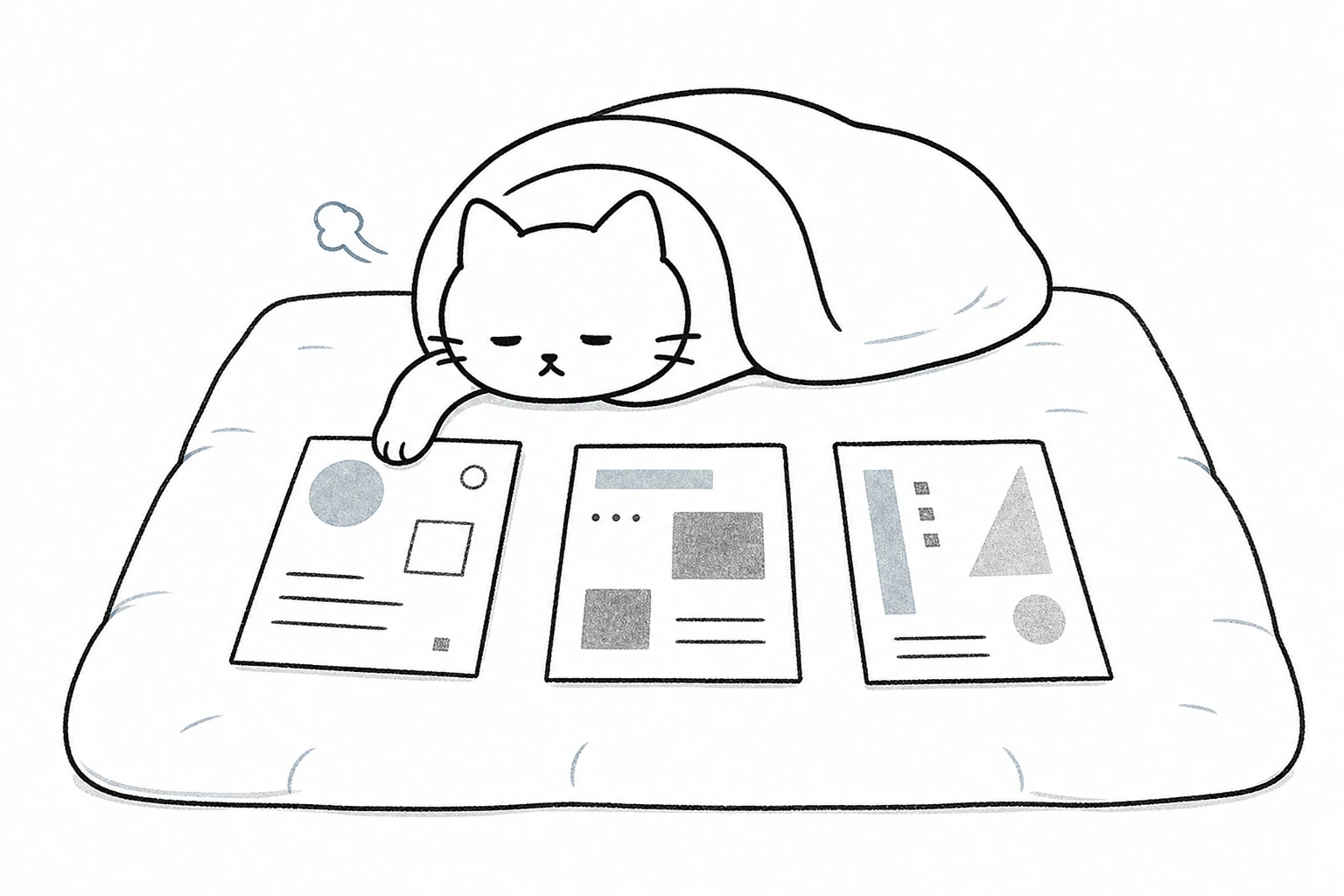 布団に三枚の紙が並び、うとうとしたごろが左の一枚へそっと前足を置く