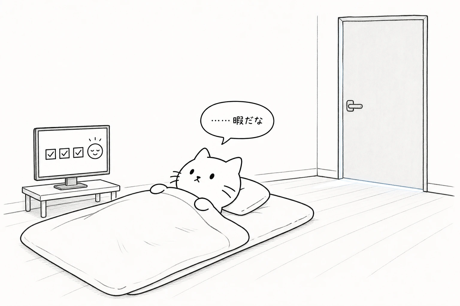 朝の布団で仕事が終わった画面を横に、ごろが目を開けたまま『……暇だな』とつぶやき、閉じた玄関が淡く光る