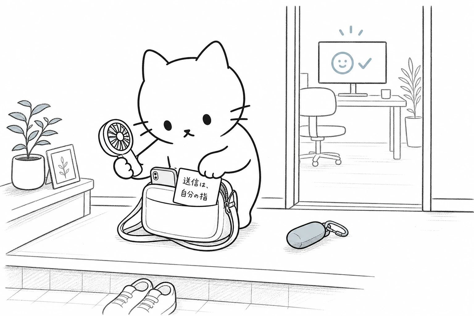 玄関でごろが小さなかばんへスマホと『送信は、自分の指』のメモだけを入れ、余計な物を外す