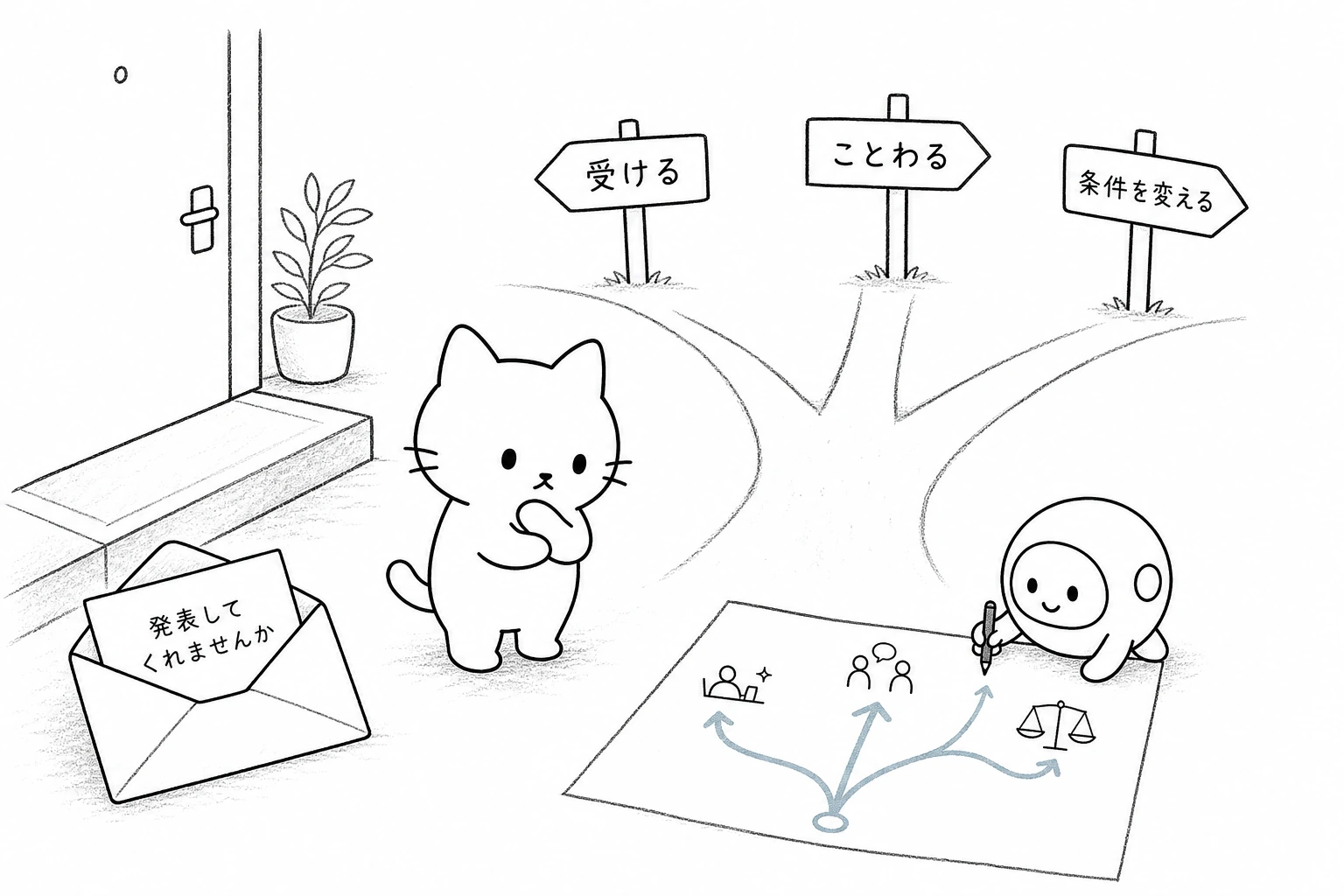 発表依頼の手紙を前に、ごろが『受ける/ことわる/条件を変える』の三分岐で考え、相棒が結果を地図に描く