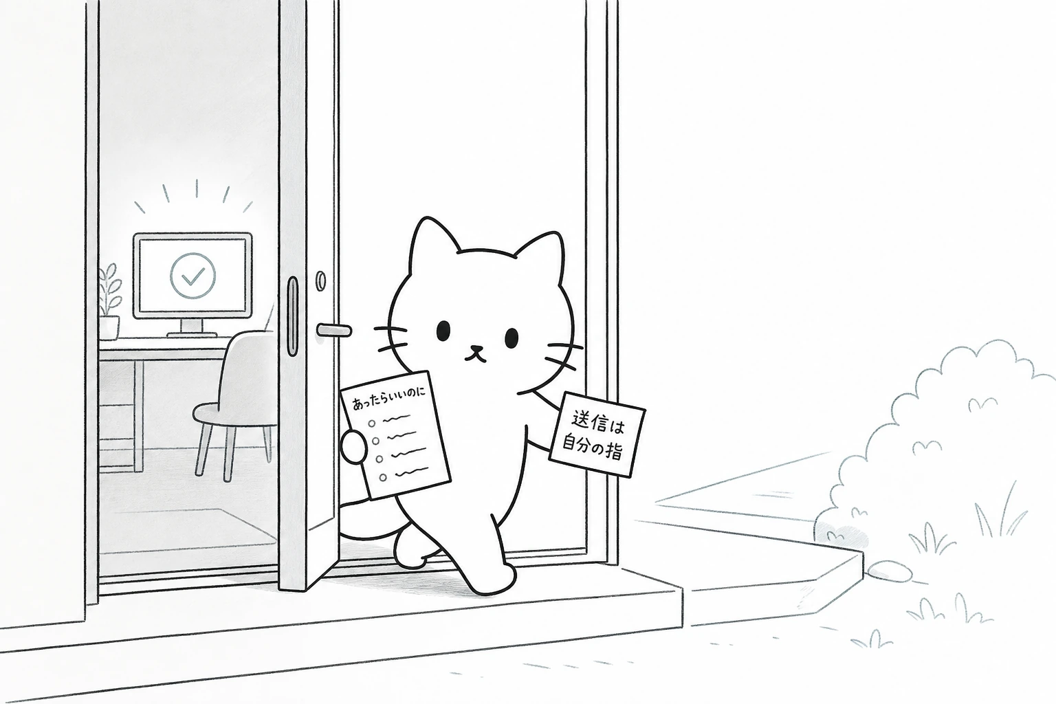 開いた玄関でごろが片足を外へ出し、『あったらいいのに』一覧と『送信は自分の指』を持って最初の一歩を踏み出す