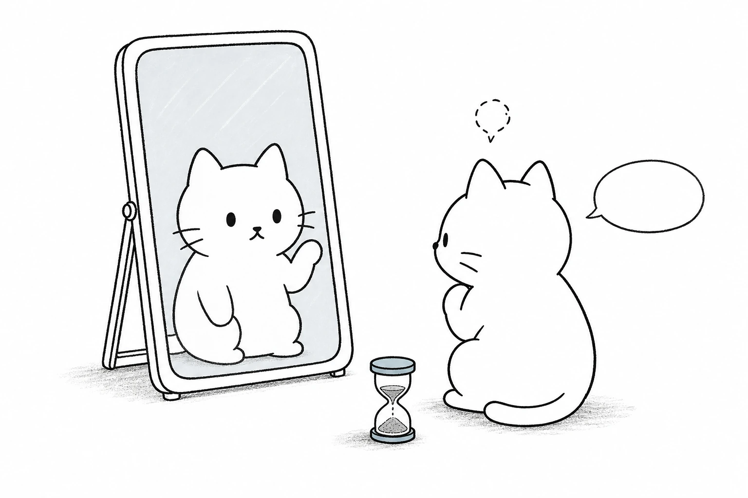 ごろが鏡へ話す練習をし、鏡のごろが聴衆として手を挙げ、半分落ちた砂時計で時間を測る