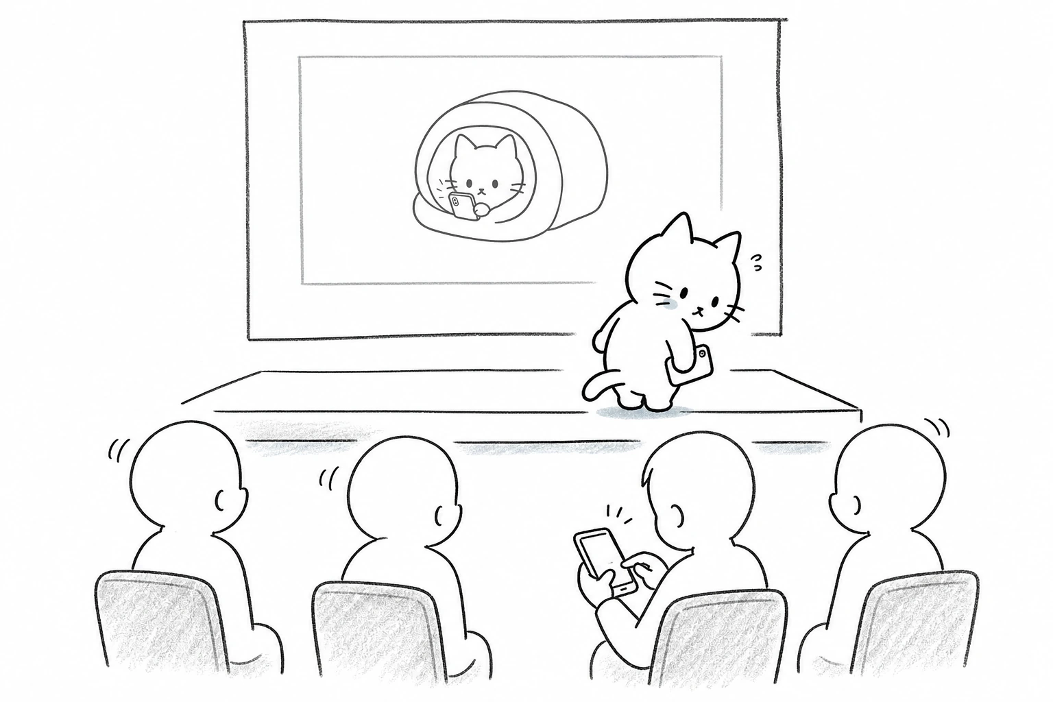 発表後、ごろが客席を見て、うなずく人々とすぐスマホへ打ち始める一人に気づき、少し照れて振り向く