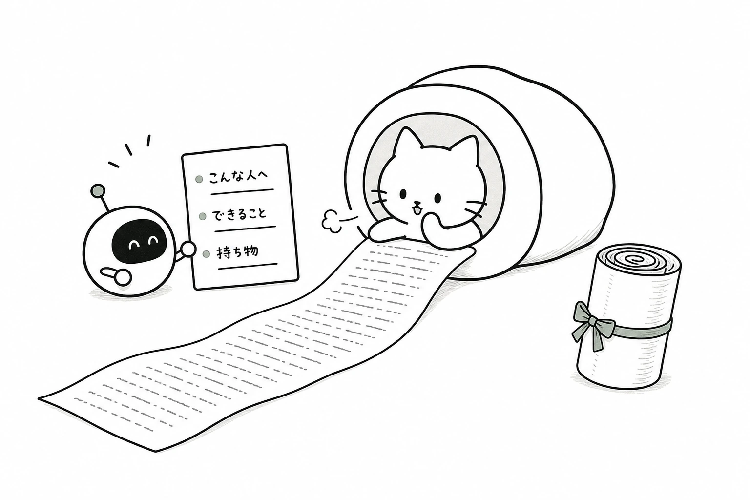 長い案内巻物から相棒が『こんな人へ／できること／持ち物』の三行だけを小カードへ抜き出す