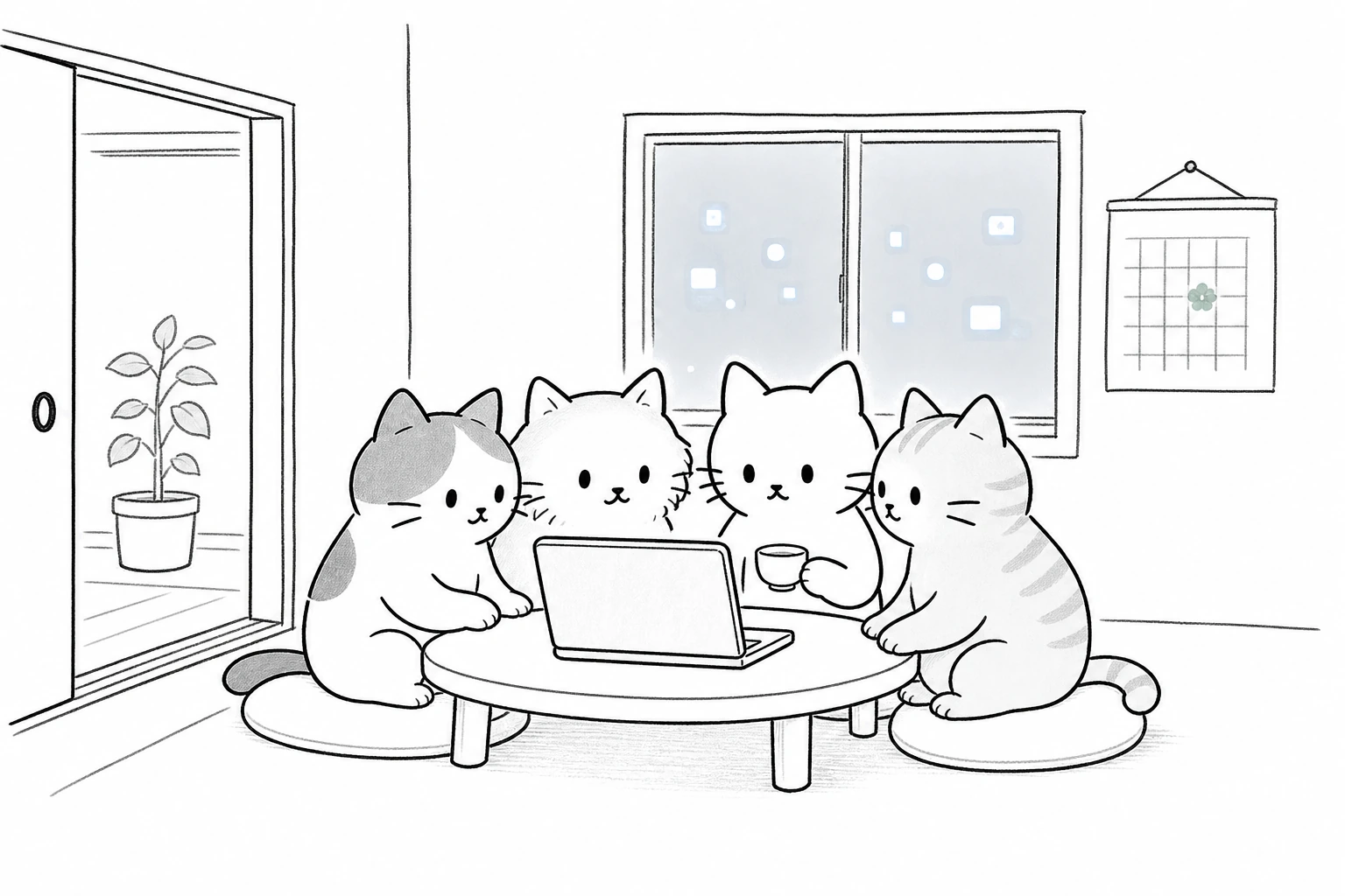 戸を開けた部屋で、ごろが湯呑みを持ち三匹の仲間と同じ画面を見る。外のSNS光には引かれない